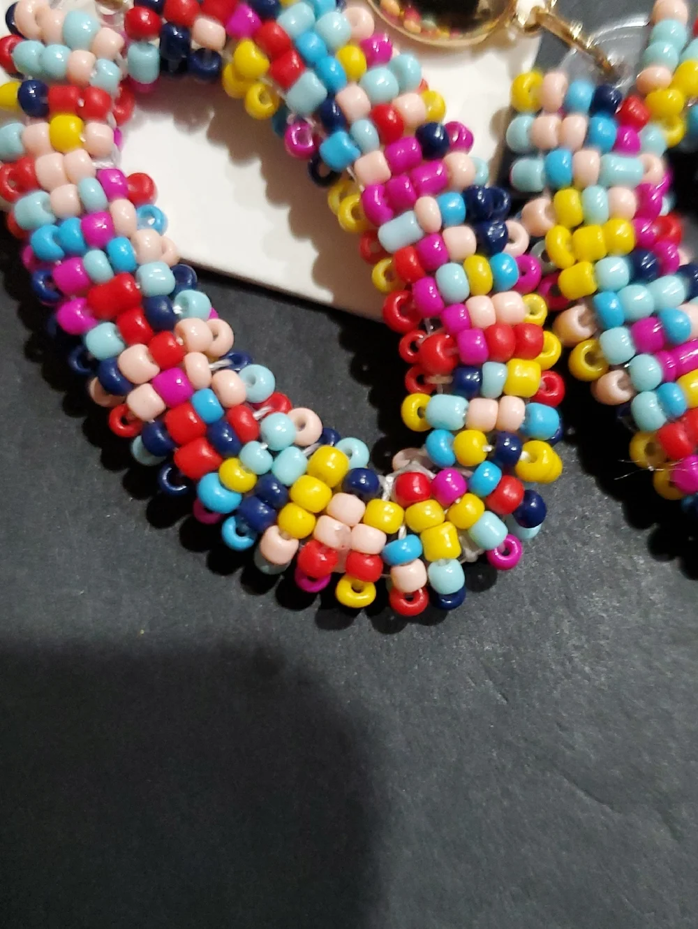 Lucky Brand multi-colored beaded gold stamped oversized oval two tiered earrings